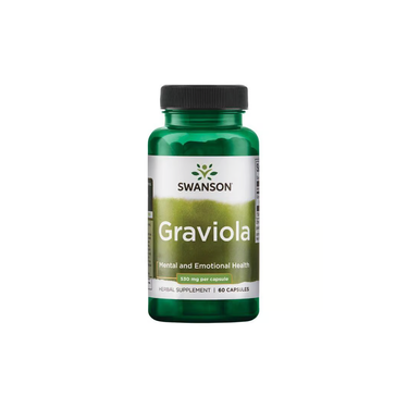Green bottle of Swanson's Graviola 530 mg 60 Capsules, a renowned South American herb labeled for mental, emotional health, and immune support.